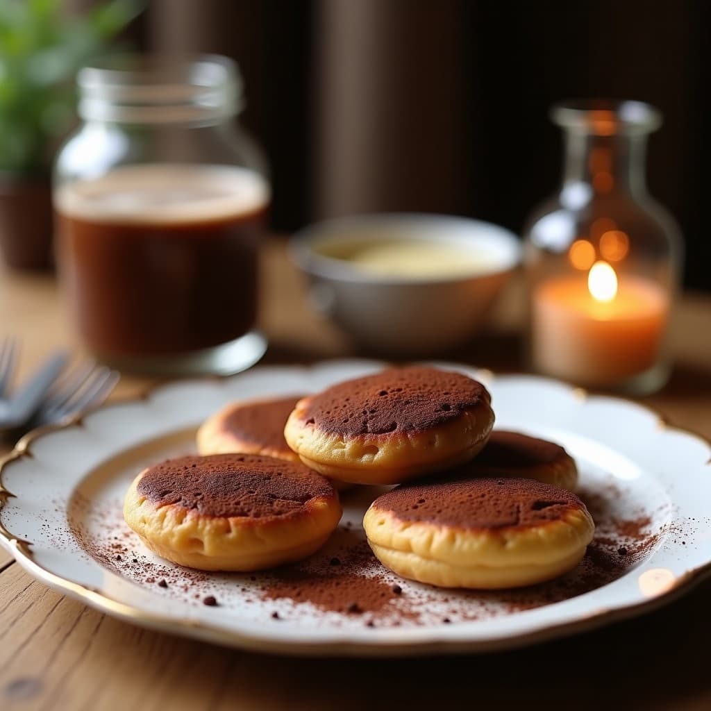 Plato blanco con tortitas doradas de harina de almendra y cacao, apiladas y decoradas con frambuesas frescas, virutas de cacao y un hilo de crema de almendras, desayuno sin azúcar y rico en magnesio.