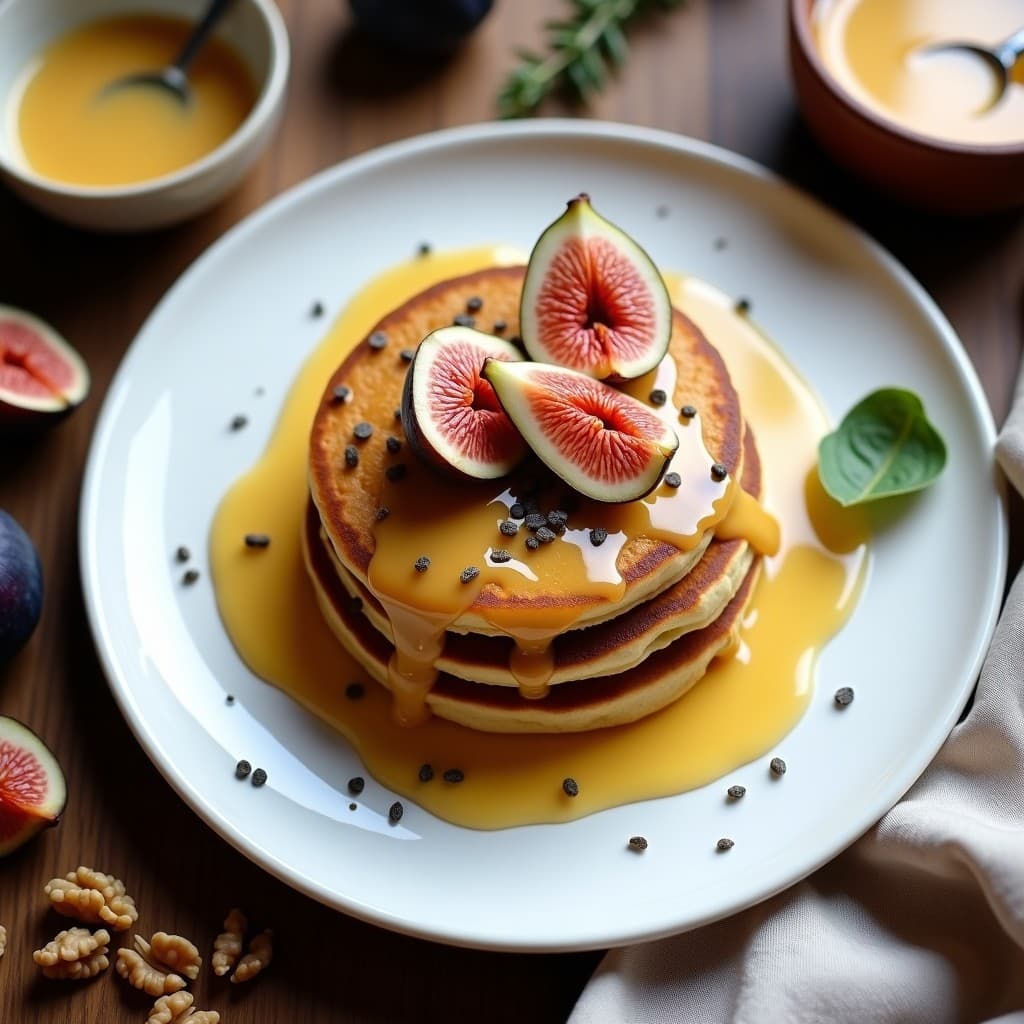 Plato blanco con tortitas doradas de harina de altramuz apiladas, cubiertas con salsa de Joachim cremosa y higos caramelizados brillantes. Desayuno sin gluten y alto en hierro con toques mediterráneos.