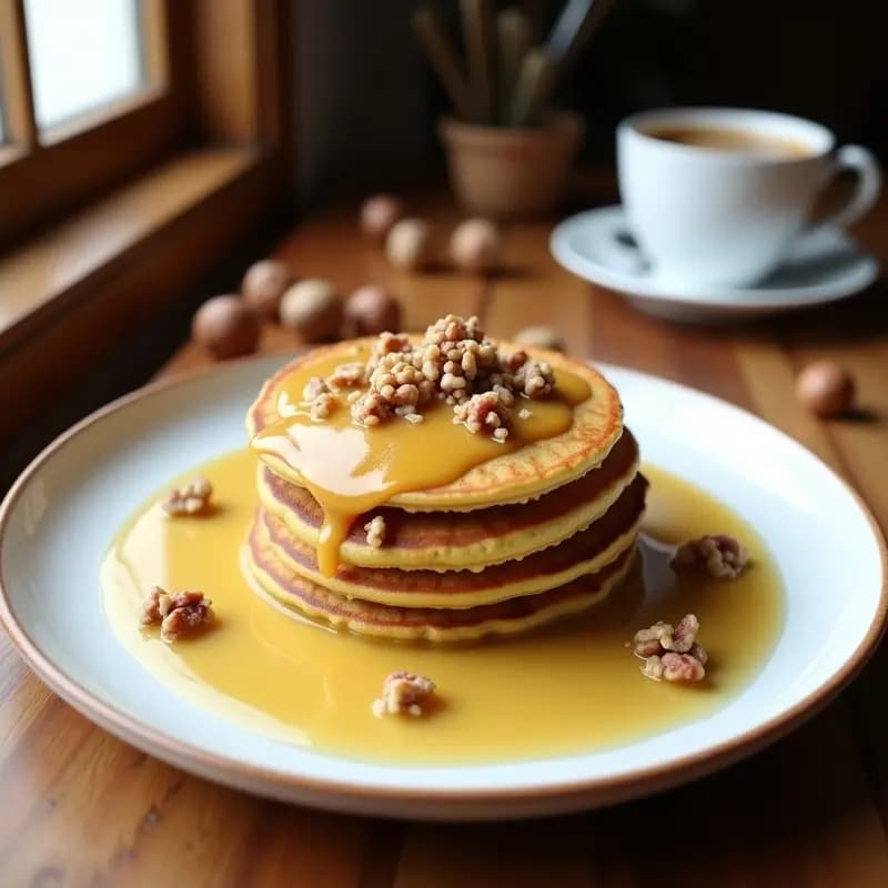 Plato de tortitas doradas de harina de castaña y calabacín, apiladas con salsa cremosa de noguera (nuez moscada) y un toque de miel, servidas sobre un mantel rústico de lino con utensilios de madera. Desayuno español sin gluten.
