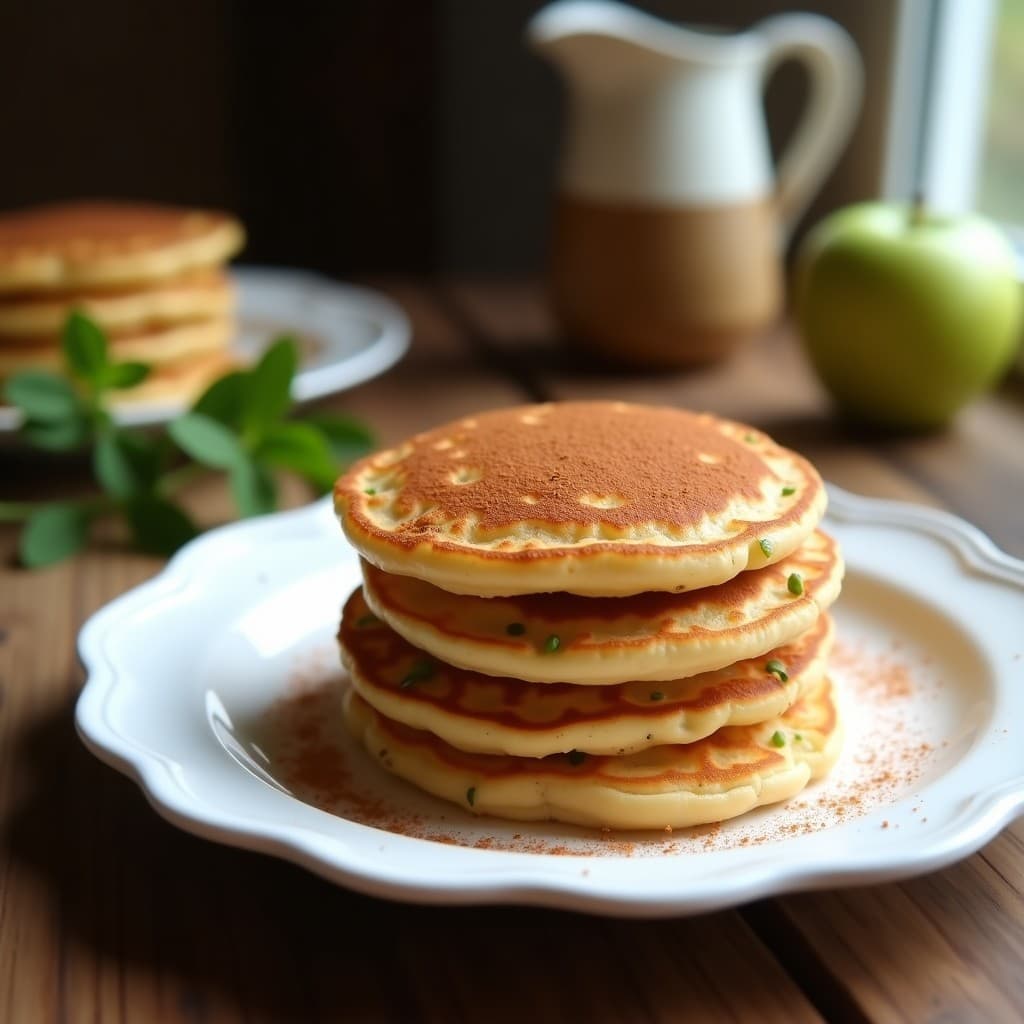 Pila de tortitas doradas de harina de castaña y canela, servidas en un plato de cerámica blanca con un toque de canela espolvoreada, manzana verde rallada visible en la textura y un fondo rústico de madera con hojas de menta fresca.