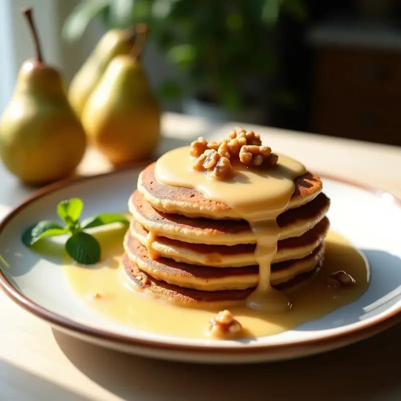 Plato blanco con tortitas doradas de harina de castaña apiladas, cubiertas con compota de peras brillante y nueces picadas, desayuno español keto tradicional.