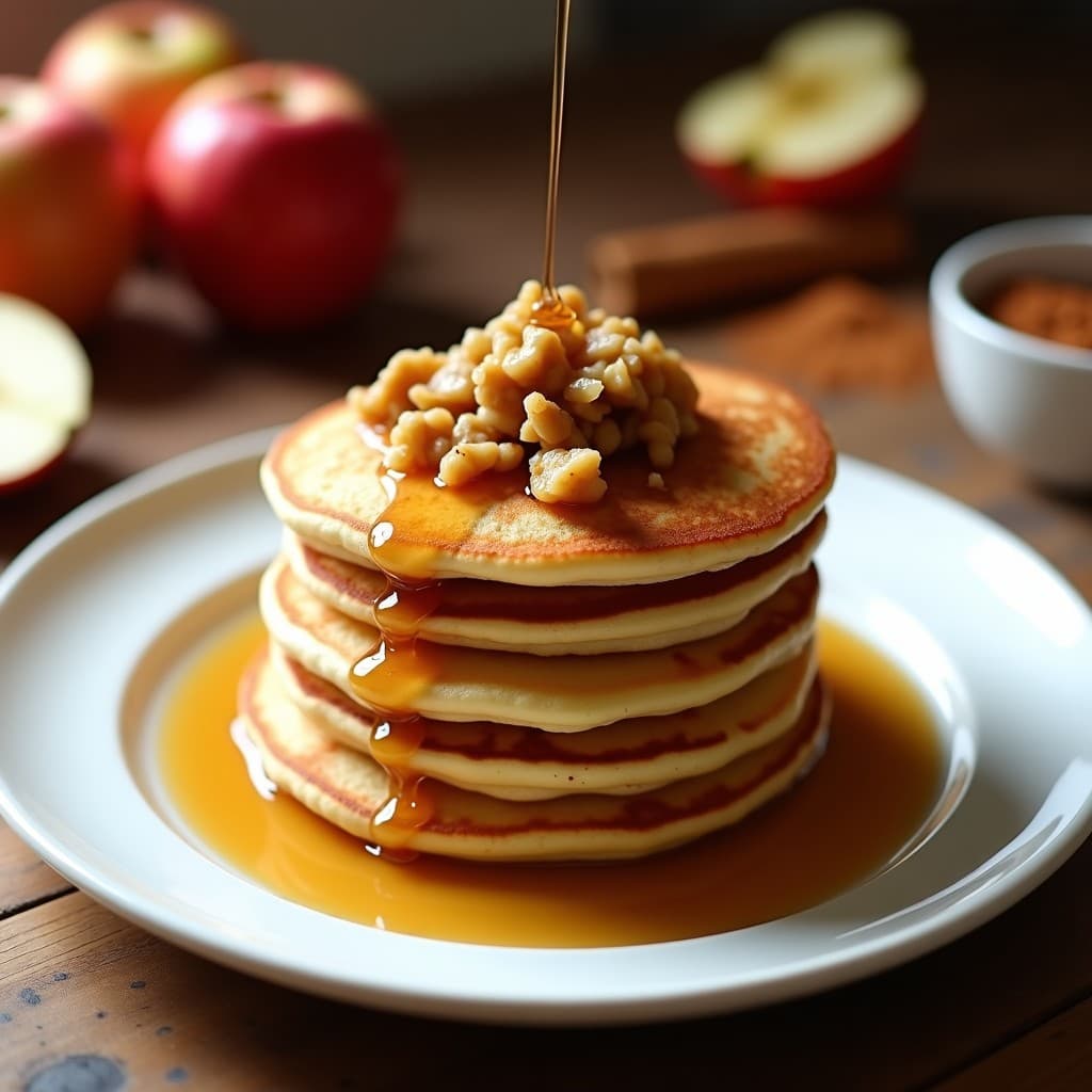 Plato blanco con tortitas doradas de harina de castaña y manzana, apiladas con compota de manzana asada, nueces picadas y un hilo de sirope de arce. Fondos de manzanas frescas y canela en polvo espolvoreada. Desayuno francés sin gluten y vegano.
