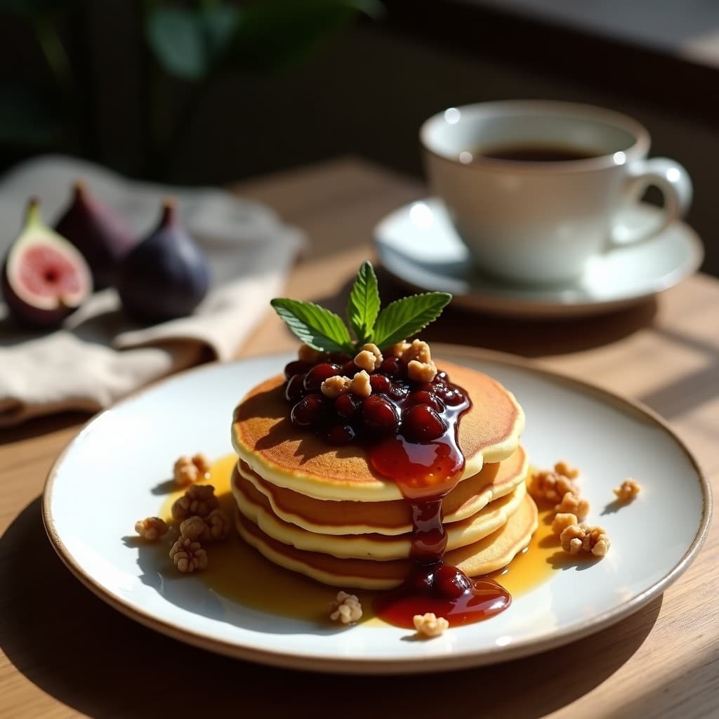 Plato blanco con tortitas doradas de harina de castañas apiladas, cubiertas con compota de higo brillante y nueces picadas, desayuno sin gluten y sin lácteos sobre fondo rústico de madera.