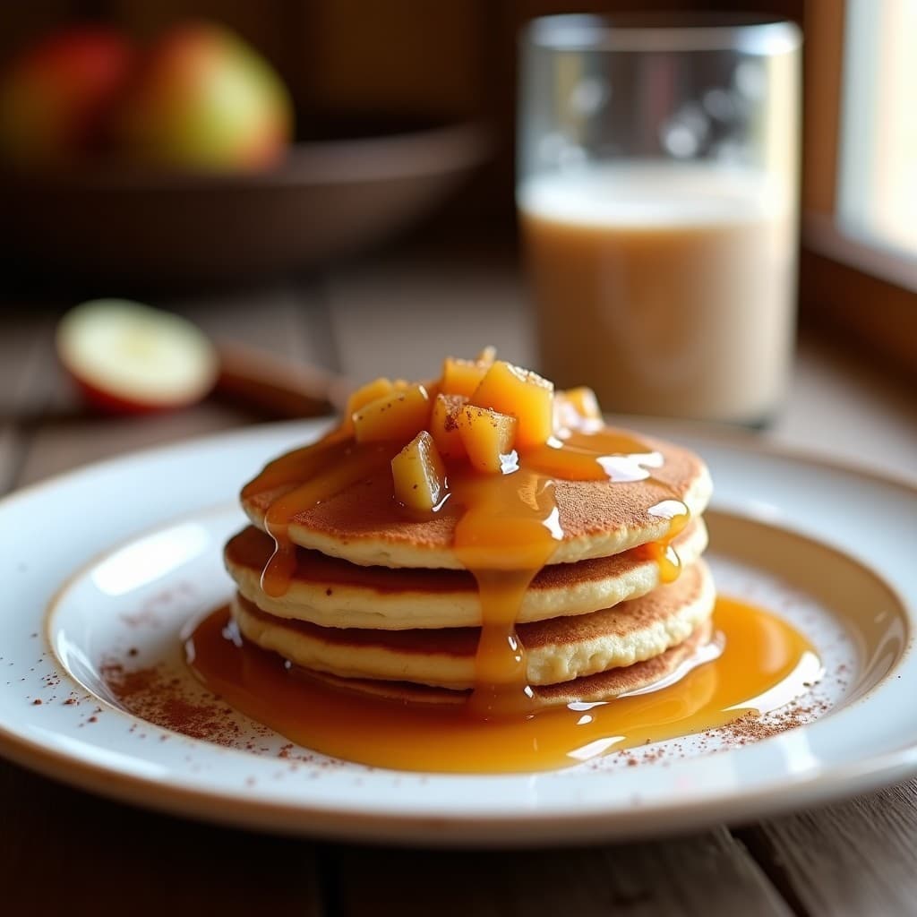 Tortitas doradas y esponjosas de harina de chufa apiladas con compota de manzana brillante y especias, servidas en un plato blanco rústico sobre una mesa de madera con un fondo de horchata tradicional valenciana.