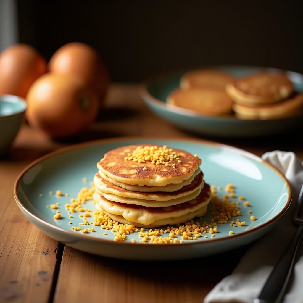 Pila de tortitas doradas de harina de coco y polvo de baobab, apiladas en un plato blanco rústico, con un fondo de fruta fresca y un chorrito de sirope. Desayuno africano rico en vitamina C.