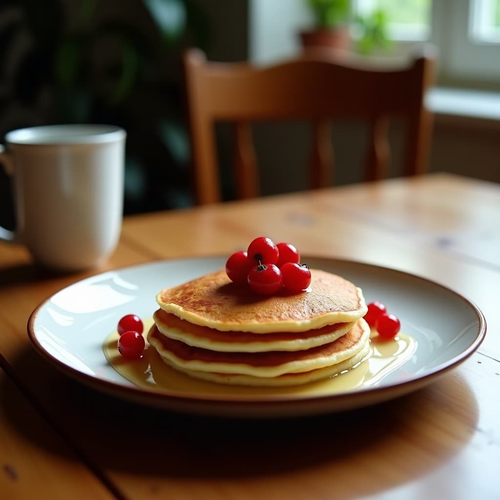 Plato de tortitas doradas de harina de coco y camu camu, apiladas y coronadas con frutos rojos silvestres, semillas de chía y un hilo de mantequilla de almendras, sobre fondo rústico de madera.