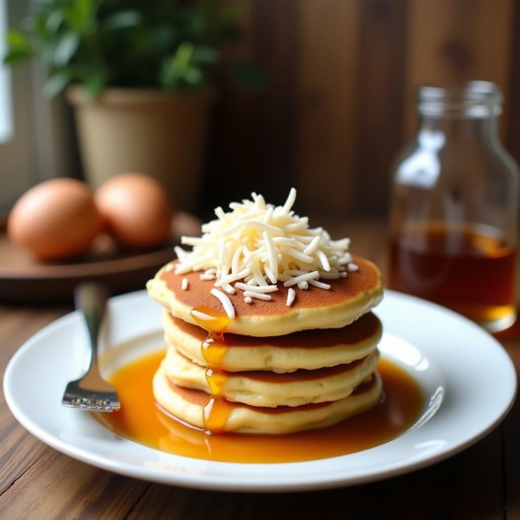 Plato blanco con tortitas doradas de harina de coco y claras, apiladas y bañadas en sirope de arce dorado, decoradas con semillas de chía y frutos rojos. Desayuno fit sin carbohidratos.