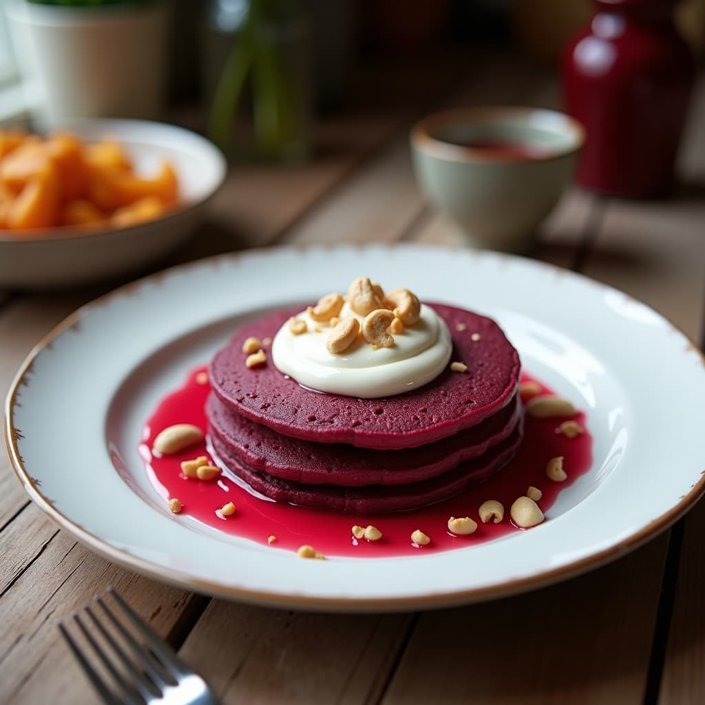 Plato blanco con tortitas esponjosas de color rosa intenso hechas con harina de coco y remolacha, apiladas y cubiertas con una crema blanca de anacardos. Decoradas con semillas de chía, rodajas de remolacha cruda y un hilo de miel de agave sobre fondo rústico de madera.