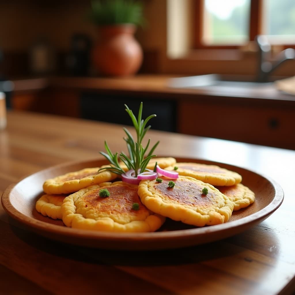 Plato rústico de madera con tortitas doradas de harina de garbanzo, aceite de oliva y romero fresco, acompañadas de cebolla morada en juliana y una ramita de romero. Desayuno andaluz keto con textura esponjosa y aroma mediterráneo.