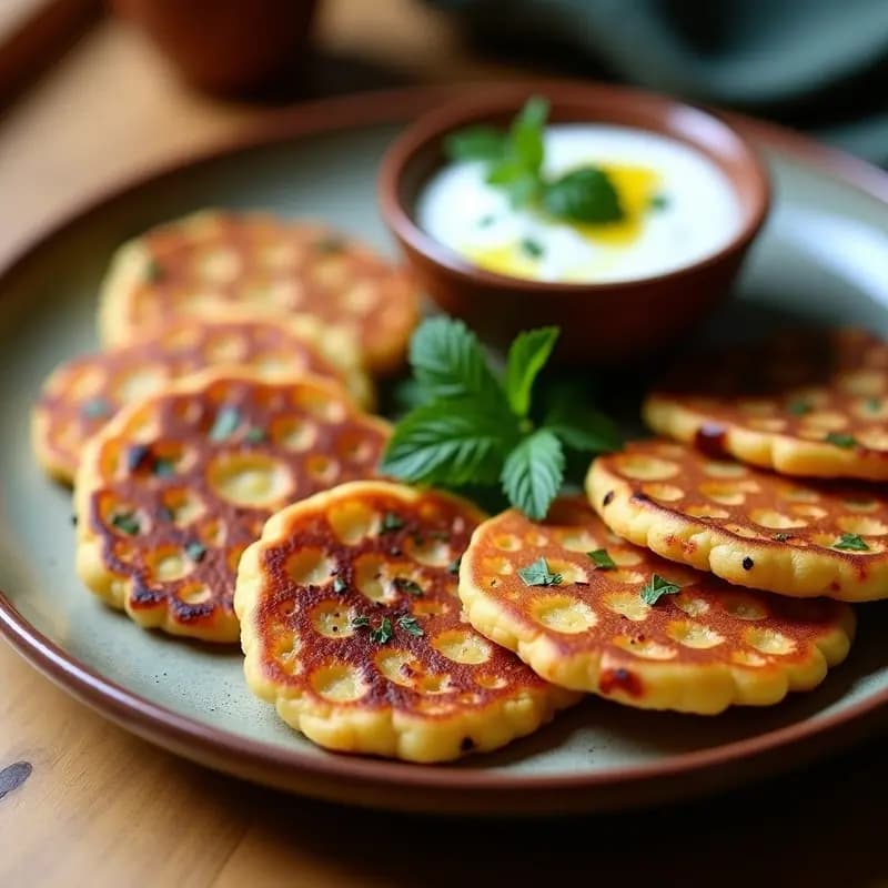 Plato de tortitas doradas de harina de garbanzo con cebolla morada caramelizada, acompañadas de una salsa cremosa de hierbas frescas (cilantro, perejil y menta) sobre yogur natural. Desayuno pakistani saludable y sin gluten.