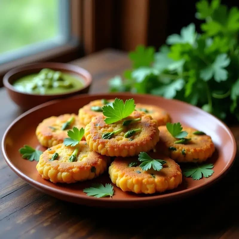 Tortitas doradas de harina de garbanzo y espárragos verdes en un plato de barro, decoradas con cilantro fresco y puntas de espárragos, acompañadas de un chutney verde. Desayuno indio keto sin harina de trigo.
