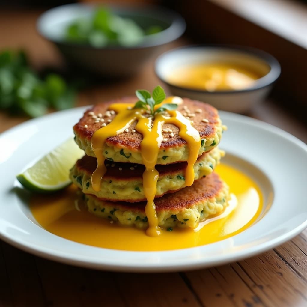 Plato blanco con tortitas doradas de harina de guisante y espinacas, bañadas en salsa de ají amarillo y espolvoreadas con semillas de sésamo. Receta peruana keto, alta en proteína y sin gluten.