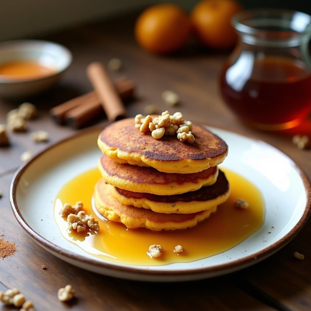 Plato blanco con tortitas doradas de harina de maíz y calabaza, apiladas y bañadas con miel de agave, decoradas con nueces picadas y un toque de canela en polvo. Desayuno vegano y sin gluten con textura esponjosa.