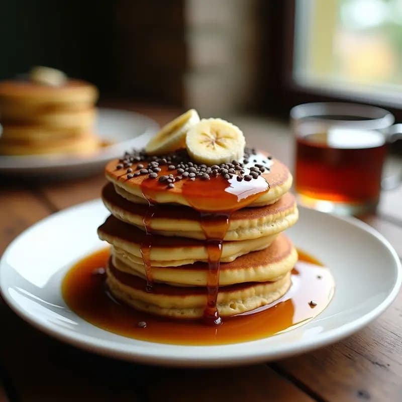 Pila de tortitas doradas de harina de teff con sirope de dátiles oscuro vertido encima, decoradas con semillas de chía y rodajas de plátano sobre un plato de cerámica blanca con fondo rústico de madera.