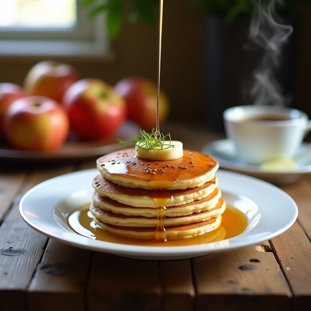 Plato blanco con tortitas doradas de hinojo y manzana apiladas, bañadas en sirope de arce brillante, decoradas con hojas de hinojo fresco y semillas de chía. Desayuno francés sin gluten en Thermomix, servido con fondo rústico de madera y taza de café.