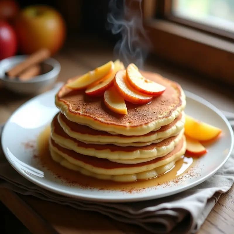 Pila de tortitas holandesas esponjosas doradas con rodajas de manzana caramelizada y una pizca de canela, servidas en plato blanco con fondo rústico.