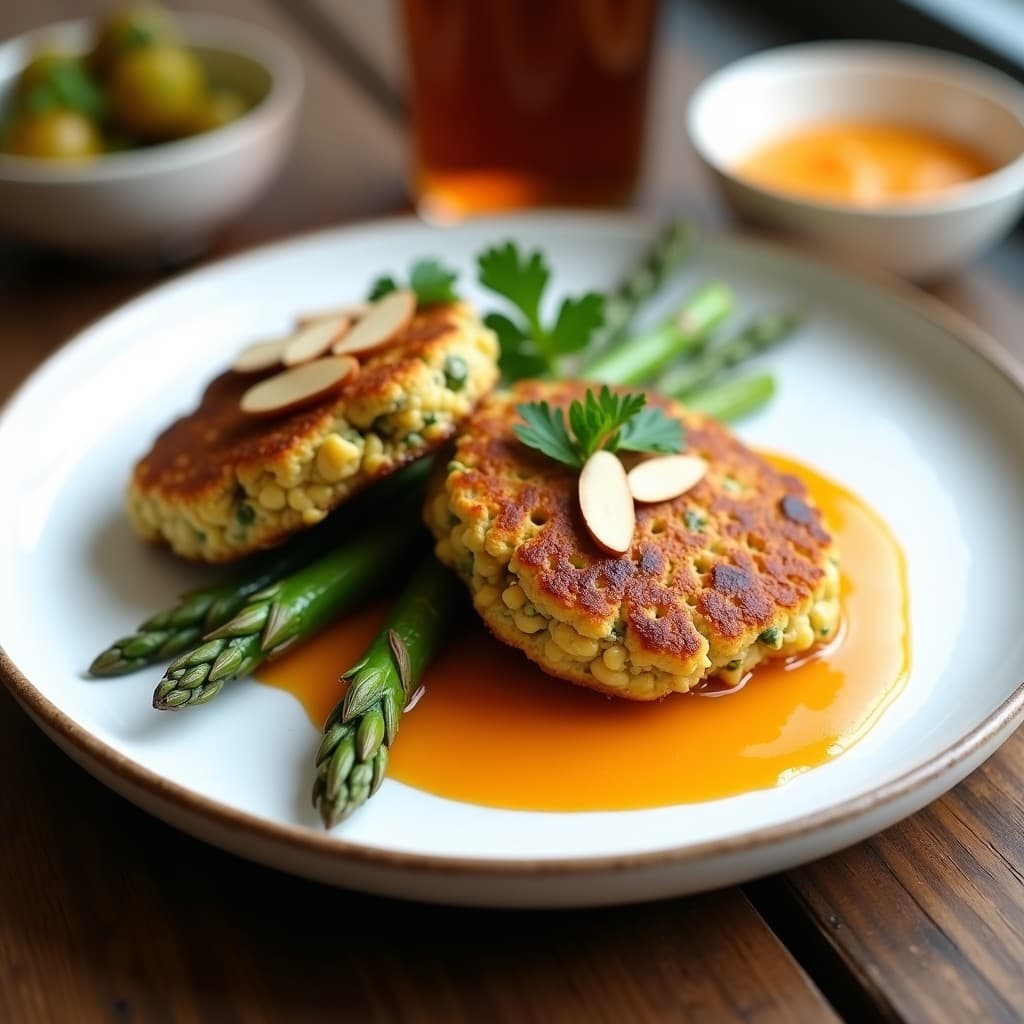 Tortitas doradas y crujientes de lenteja roja y espárrago triguero servidas en un plato blanco, acompañadas de una salsa cremosa de albaricoque y almendras fileteadas tostadas, receta vegana alta en proteína en Airfryer.