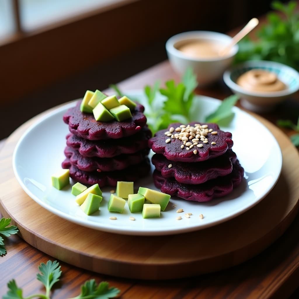 Tortitas doradas y esponjosas de lentejas negras y ñame morado en airfryer, con un color púrpura intenso en el interior, servidas en un plato blanco con aguacate en cubos y semillas de sésamo espolvoreadas. Desayuno vegano sin harina, alto en proteína y antioxidantes.