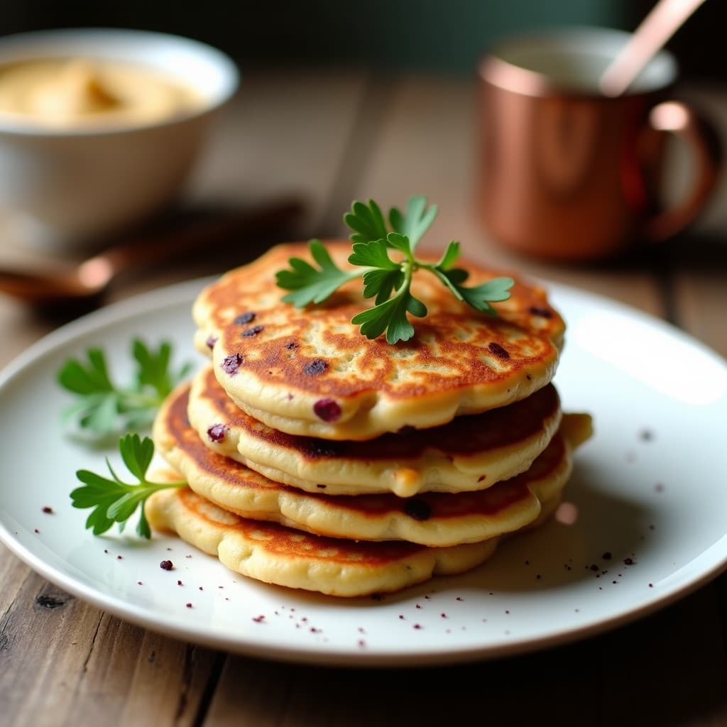 Tortitas doradas y esponjosas de lentejas rojas con trozos de cebolla caramelizada, servidas en un plato blanco con perifollo fresco y un fondo de madera rústica. Receta de desayuno proteico sin harina.
