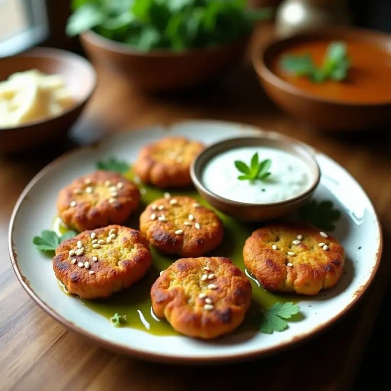 Plato de tortitas doradas de lentejas verdes con salsa cremosa de yogur y menta, decoradas con semillas de sésamo. Receta india para aperitivos, servidas sobre hoja de plátano o papel de horno.