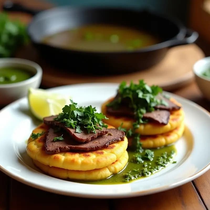 Plato de tortitas de maíz doradas rellenas de asadito de res jugoso y bañadas con chimichurri verde brillante, servidas en una sartén de hierro con fondo de madera rústica. Receta colombiana tradicional en sartén.