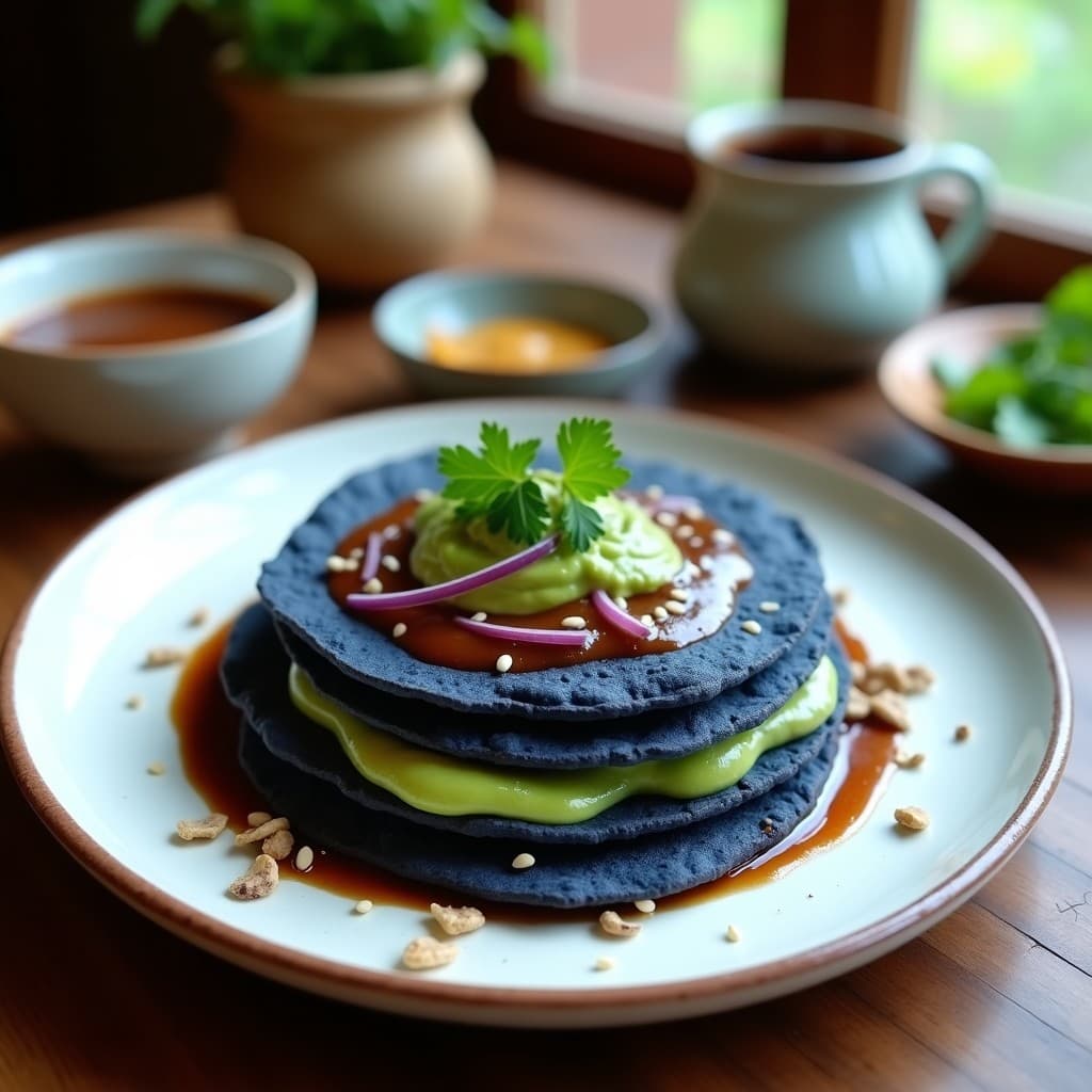 Plato rústico con tortitas de maíz azul doradas, cubiertas con salsa oscura de chile pasilla y crema verde de aguacate. Decoradas con semillas de sésamo, cebolla morada encurtida y cilantro fresco. Receta vegana y sin gluten.