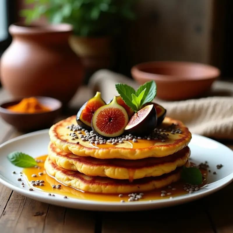 Plato de tortitas de maíz azul doradas con higos caramelizados brillantes, decoradas con semillas de chía y un chorrito de miel de abeja sobre fondo rústico de madera.