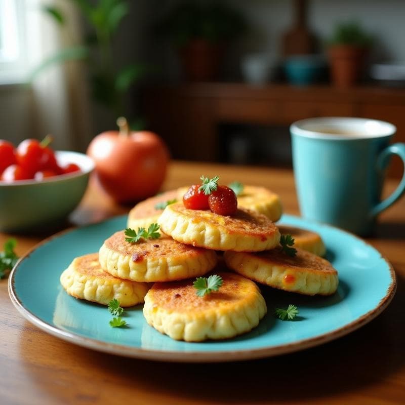 Plato de barro con tortitas de maíz azul doradas, cubiertas de queso cotija desmenuzado y acompañadas de salsa verde fresca de chile serrano, cebolla morada y cilantro. Fondo rústico con detalles mexicanos.