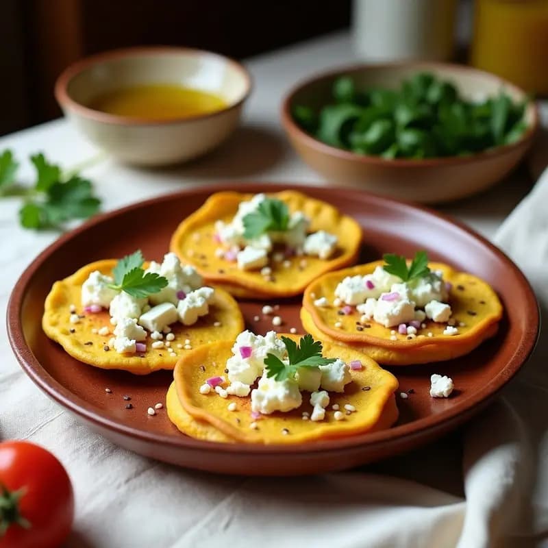 Plato blanco con tortitas doradas de maíz azul y queso feta desmenuzado, acompañadas de espinacas frescas y cilantro, servidas sobre papel de horno rústico.