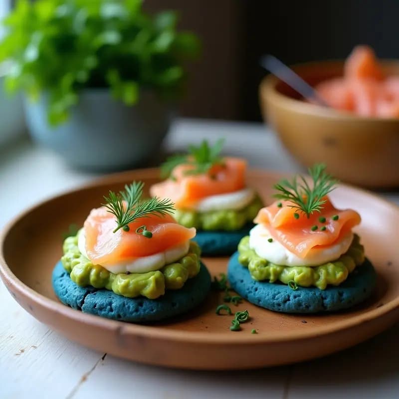 Tortitas de maíz azul doradas con capas de queso crema, aguacate verde y láminas de salmón ahumado rosa, decoradas con eneldo fresco sobre un plato de madera rústica.