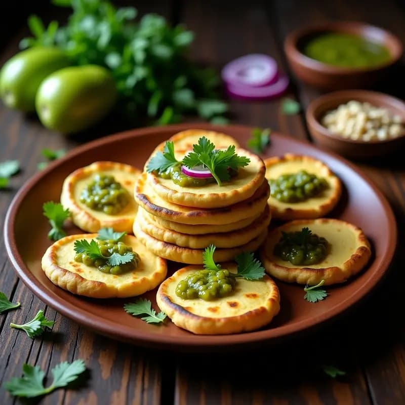 Plato rústico con tortitas de maíz azul doradas, bañadas en salsa de tomate verde vibrante, acompañadas de hojas de lechuga morada y queso fresco desmenuzado, receta mexicana tradicional.