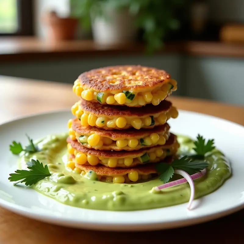 Plato blanco con tortitas doradas de maíz y calabacín sin gluten, apiladas y acompañadas de salsa verde y hojas de cilantro fresco.