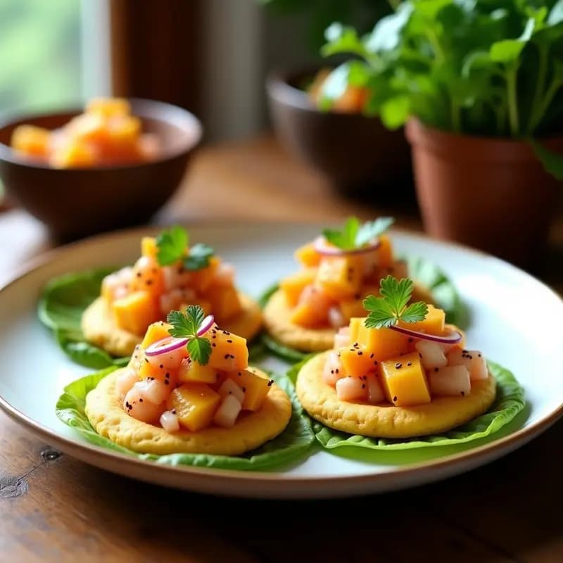 Tortitas de maíz azul crujientes con ceviche de atún y mango, decorado con culantro fresco y pimienta rosa sobre un plato de cerámica blanca. Receta peruana fresca y ligera.