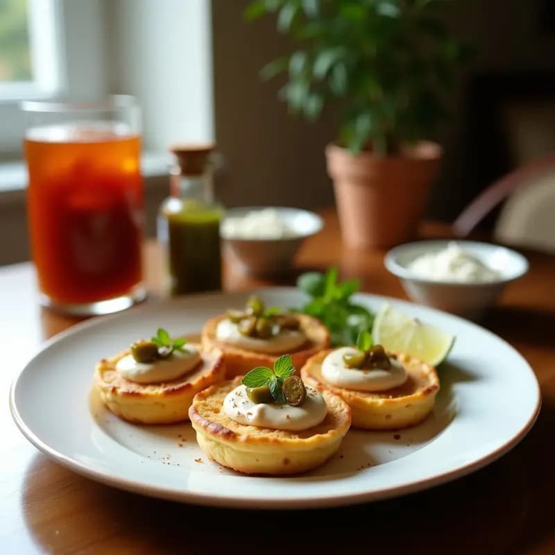 Plato blanco con tortitas de maíz doradas y crujientes, cubiertas con una crema espesa de pimientos asados y anchoas, decoradas con perejil fresco y un chorrito de aceite de oliva virgen extra. Receta de desayuno mediterráneo keto.