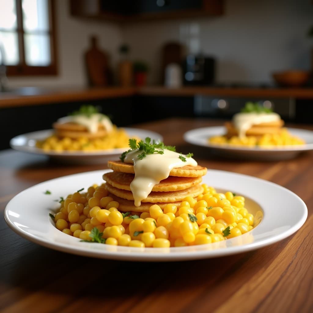 Tortitas doradas y crujientes de maíz y elote en airfryer, con trozos de queso fresco derretido, servidas en un plato rústico de barro con hojas de cilantro y rodajas de chile serrano al lado, receta mexicana auténtica.