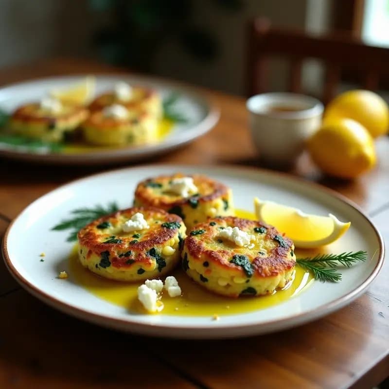 Tortitas doradas de maíz y espinacas con trozos de queso feta desmenuzado, servidas en un plato blanco rústico con un hilo de aceite de oliva y hierbas frescas, receta sin gluten y alta en proteína.