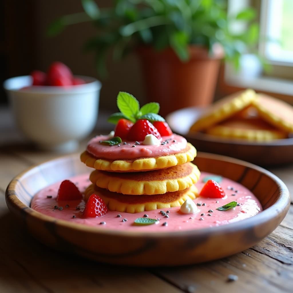Plato rústico de madera con tortitas doradas de maíz ferro apiladas, cubiertas con salmorejo de fresas de color rosado intenso, fresas troceadas, queso fresco de cabra desmenuzado y un hilo de miel de romero. Decoración con semillas de chía y hojas de menta. Desayuno andaluz dulce-salado.
