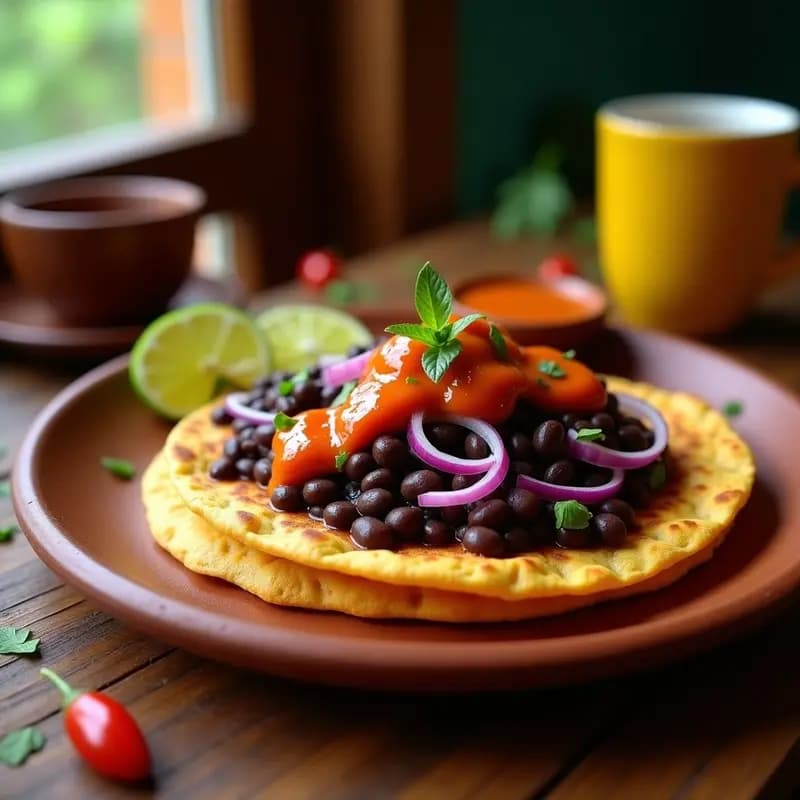 Plato rústico de barro con dos tortitas de maíz doradas, cubiertas con frijoles negritos cremosos y bañadas en salsa de habanero naranja. Decorado con cilantro fresco y rodajas de lima, sobre un mantel de fibra natural. Desayuno mexicano alta en fibra.