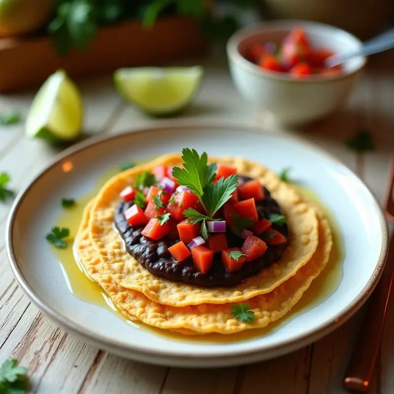 Plato de tortitas de maíz doradas y crujientes con una capa de crema de frijoles negros oscura, cubiertas de pico de gallo fresco con jitomate rojo, cebolla morada y cilantro. Desayuno mexicano vegano servido sobre mesa de madera rústica.