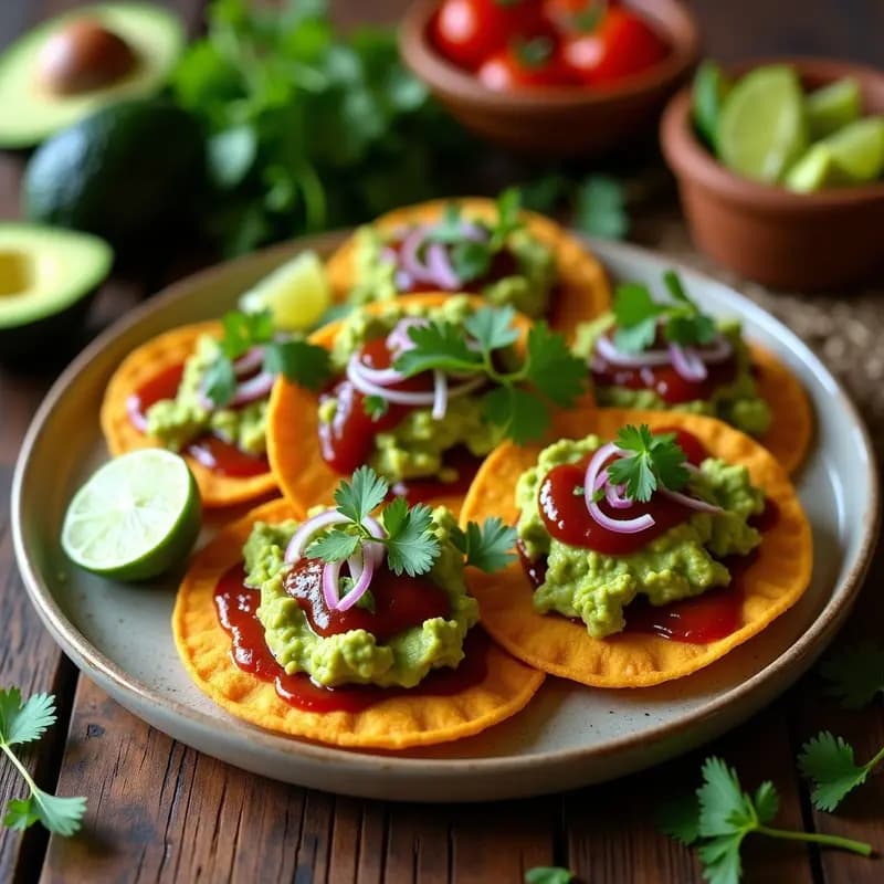 Plato colorido con tortitas de maíz doradas y crujientes, cubiertas con guacamole cremoso de aguacate y decoradas con salsa de chipotle oscura, cilantro fresco y cebolla morada. Receta mexicana rápida y sin lactosa.