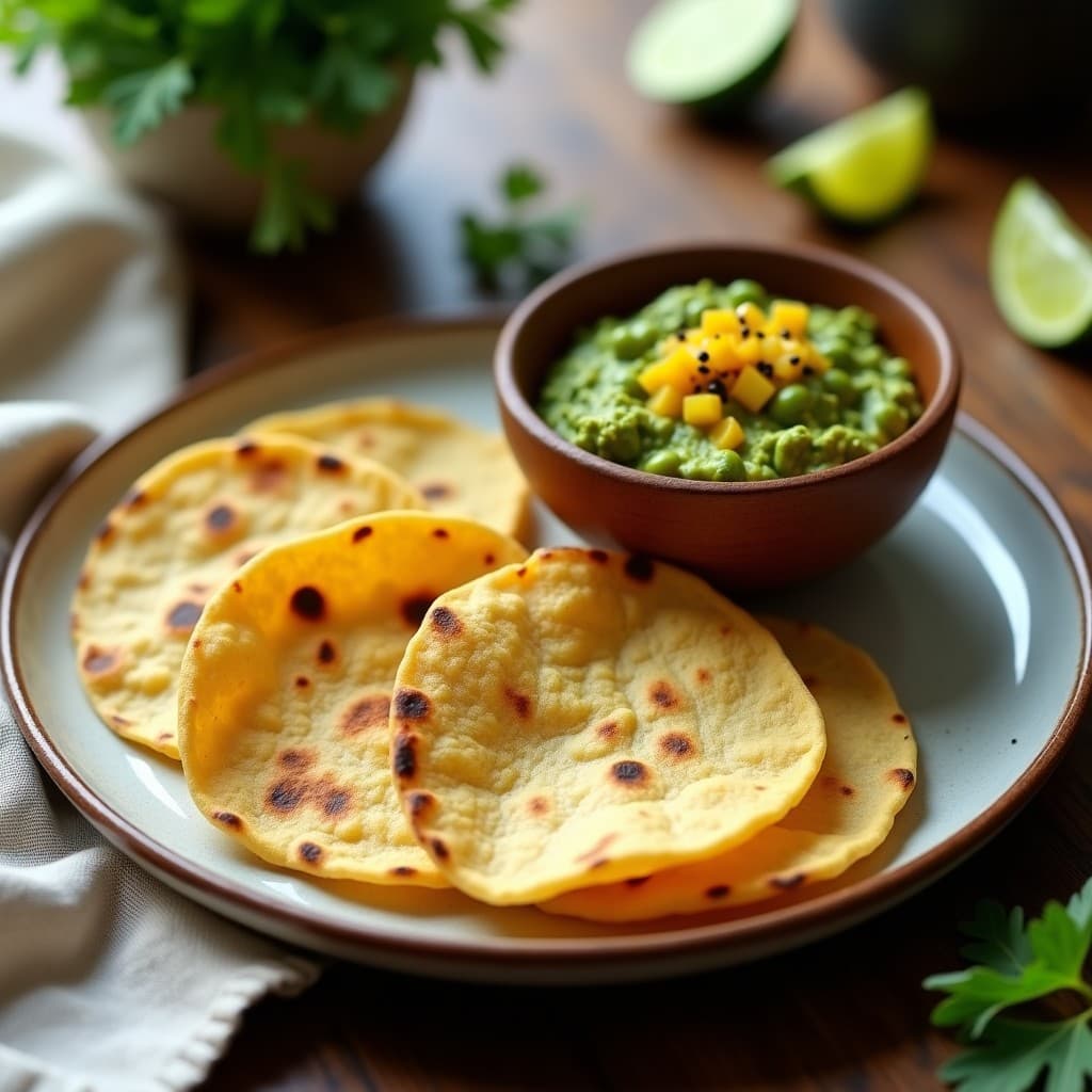 Plato de tortitas de maíz doradas y humeantes, acompañadas de un guacamole cremoso de color verde vibrante con trozos de edamame, coronado con semillas de sésamo y pulpa de granadilla amarilla. Desayuno vegano y alto en proteína.
