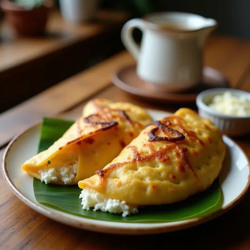 Tortitas doradas de maíz con vetas de caña de hely, rellenas de queso fresco desmenuzado, servidas sobre hoja de plátano con fondo rústico de madera. Receta salvadoreña sin gluten.