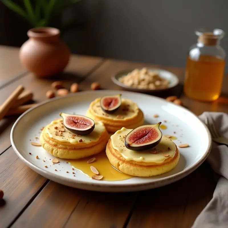 Tortitas doradas de maíz canario servidas en plato rústico de barro, coronadas con rodajas de higos caramelizados, queso de burro fundido y almendras fileteadas, con un hilo de miel de palma brillante bajo la luz natural.