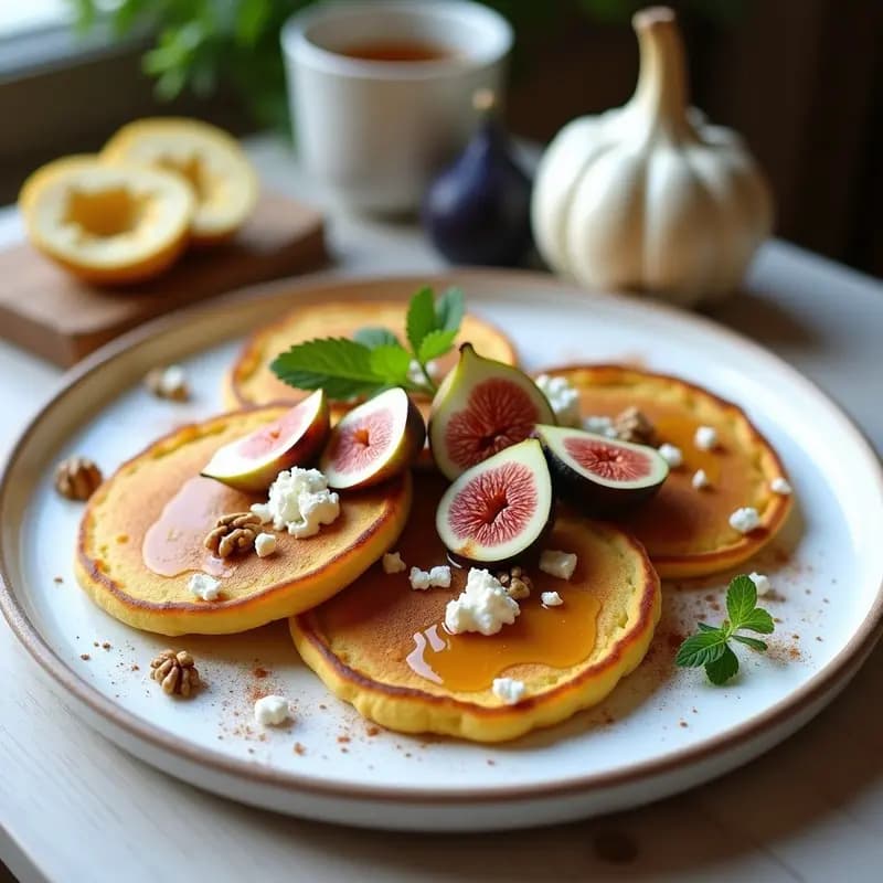 Plato blanco con tortitas de maíz doradas, higos frescos caramelizados con miel de lavanda, queso de cabra curado desmenuzado y nueces picadas, desayuno francés sin horno.