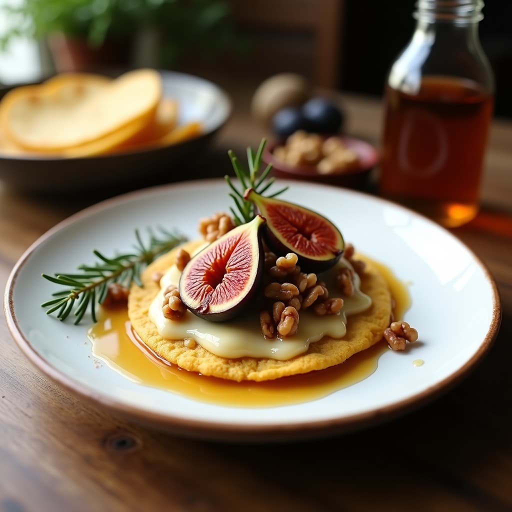 Plato blanco con dos tortitas de maíz doradas, higos asados caramelizados con miel de romero, láminas de queso de oveja semiduro derretido y nueces picadas tostadas. Fondo rústico de madera con tomillo fresco.