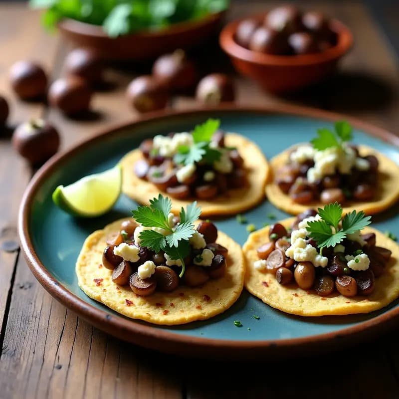 Plato de tortitas de maíz azul recién hechas, rellenas de hongos ostra salteados con epazote y cebolla morada, coronadas con queso de castaña desmenuzado y hojas de cilantro fresco. Receta vegana mexicana para desayunar.