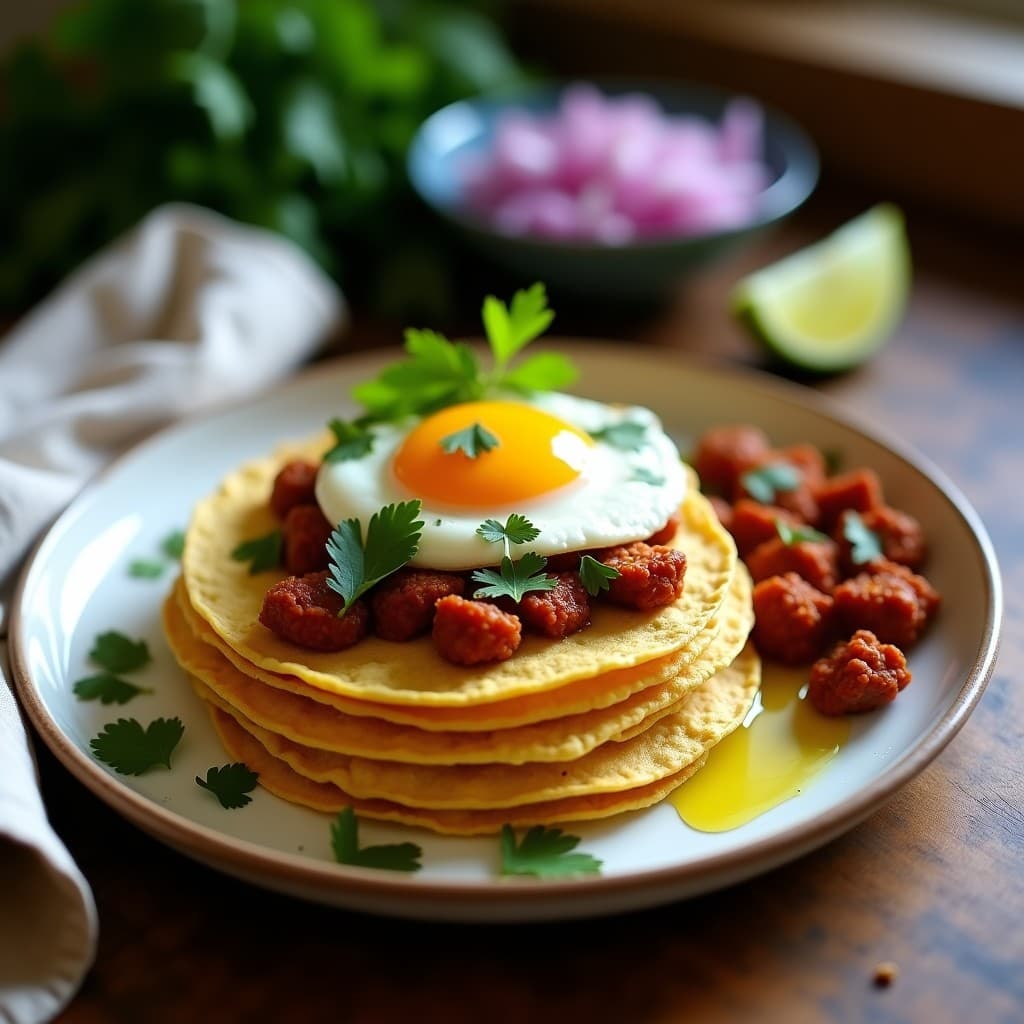 Plato con tortitas de maíz doradas, huevo escalfado con yema líquida, chorizo vegano crujiente y cilantro fresco, servido sobre un mantel de lino con limón verde al lado. Desayuno mexicano sin gluten.