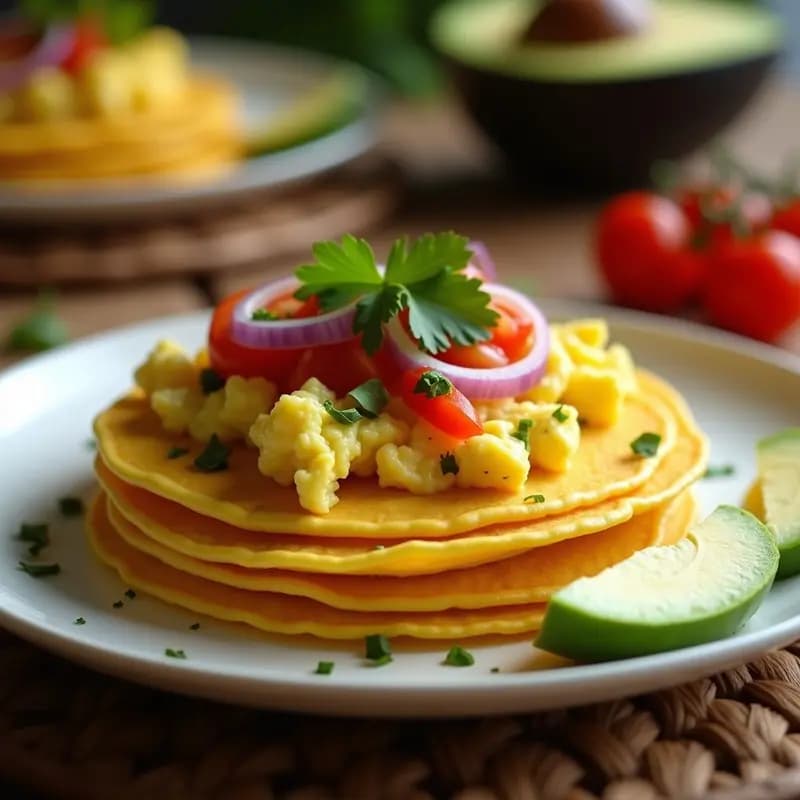 Plato de desayuno mexicano con tortitas de maíz doradas y huevos revueltos picantes con jalapeño, cebolla morada y tomate, decorado con cilantro fresco.