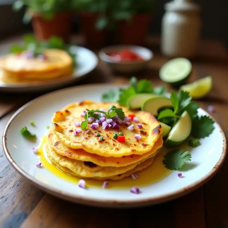 Plato blanco con tortitas de maíz y huevo doradas, esponjosas y con trozos de cebolla morada y pimiento rojo. Acompañadas de aguacate en cubos y cilantro fresco, receta rápida alta en proteína.