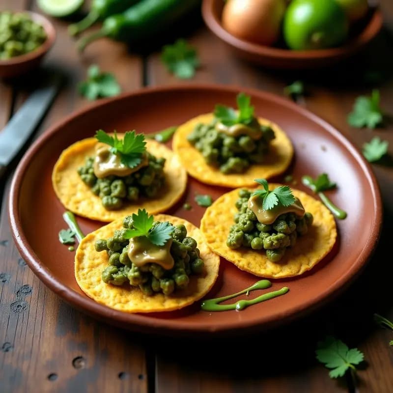 Tortitas de maíz doradas rellenas de huitenlache y nopales asados, decoradas con semillas de sésamo y epazote fresco sobre un plato de barro rústico, receta prehispánica mexicana vegana.